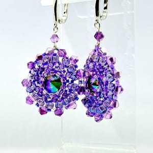 Handmade Beaded Crystal Earrings, Round Statement Dangle Earrings, Colorful Seed Bead Jewelry, Sparkly Gift for Her