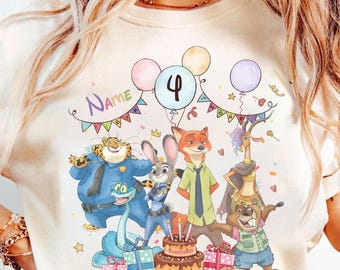 Personalized Name Age Zootopia 2 Birthday Shirt, Disney Judy Hopps Nick Wilde Gary De'Snake Birthday Present Gift, Disneyland Family Tee