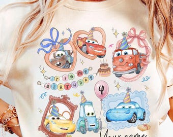 Camiseta de cumpleaños personalizada con nombre de Disney Rayo McQueen, regalo de cumpleaños de Pixar Car, camiseta familiar de Disneyland