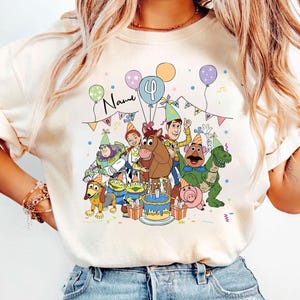 Personalized Name Age Pixar Toy Story Birthday T-Shirt, Custom Buzz Woody Jessie Birthday Present Gift, land Family Trip Tee image 1
