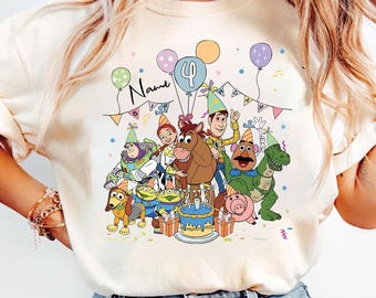 Personalized Name Age Pixar Toy Story Birthday T-Shirt, Custom   Buzz Woody Jessie Birthday Present Gift,  land Family Trip Tee