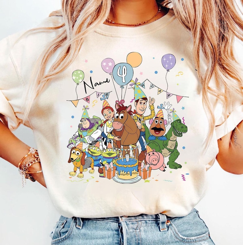 Personalized Name Age Pixar Toy Story Birthday T-Shirt, Custom Buzz Woody Jessie Birthday Present Gift, land Family Trip Tee image 1