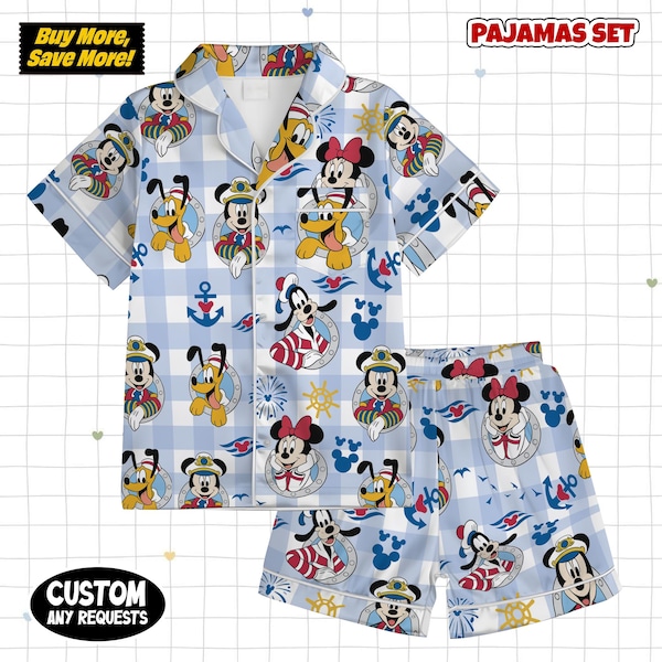 Cruise Tshirt And Shorts, Mickey Cruise Pajamas Woman Set, Cartoon Sleepwear, Mickey Satin Pajamas, Let's Cruise Pajamas Set