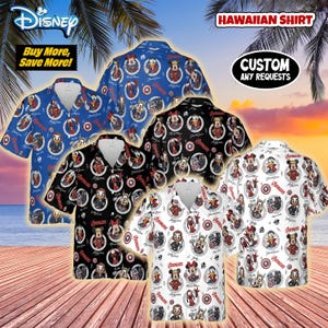 May include: Collection of Hawaiian shirts featuring Disney characters and Avengers. Shirts are available in blue, black, and white, with various character patterns. The shirts have short sleeves and a button-down design. The image includes text that says "Buy More, Save More!" and "Custom Any Requests."