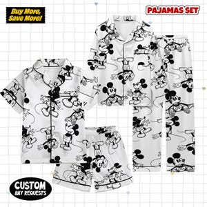 May include: White pajama sets featuring a black Mickey Mouse pattern. The sets include short-sleeved and long-sleeved shirts, shorts, and trousers. The image includes the text "Buy More, Save More!", "PAJAMAS SET", and "CUSTOM ANY REQUESTS".