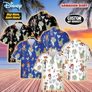 May include: A selection of Hawaiian shirts with Toy Story characters in black, blue, and white. Each shirt showcases a unique pattern with Woody, Buzz Lightyear, and other characters. The shirts are presented on a wooden surface with a tropical backdrop.