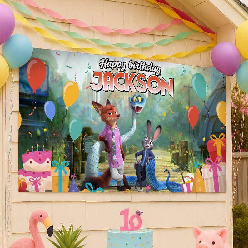May include: A birthday banner with characters from the animated film Zootropolis, with the text "Happy birthday JACKSON". The banner is decorated with balloons and streamers. A cake and gifts are also visible.