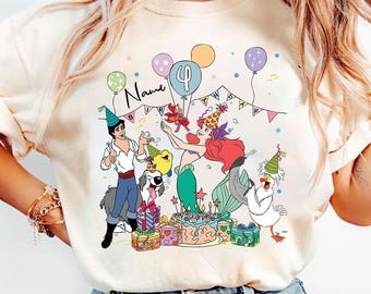 Nom personnalisé T-shirt d'anniversaire d'Ariel, cadeau d'anniversaire de la petite sirène, t-shirt de famille de terre, chemise d'adulte de jeune d'enfant