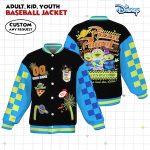 May include: Black baseball jacket with blue and yellow checkered sleeves. The jacket features the text "Pizza Planet" and "& Fun Space Port" on the back, and various patches on the front. The jacket is customizable with the text "Your Name" and the number "00".