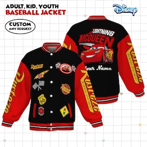 May include: Black and red baseball jacket featuring "Lightning McQueen" and "Rust-eze" graphics. The jacket has a button-up front, red sleeves, and a striped collar and cuffs. The text "Custom Any Request" is also visible.