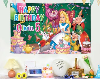 Pancarta personalizada de Alicia, pancarta de cumpleaños, fiesta de cumpleaños de Alicia, letrero de cumpleaños de Alicia, fondo de fiesta de Alicia, pancarta de Alicia