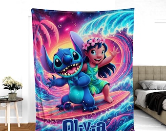 Personalized Disneyland Stitch Blanket, Disney Lilo, Stitch Throw, Soft Cozy Angel