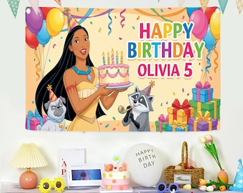 Banner 3D de Pocahontas, Banner de cumpleaños, Fiesta de cumpleaños de Pocahontas, Letrero de cumpleaños de Pocahontas, Banner de Pocahontas
