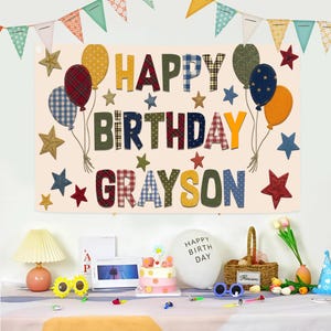 Custom Happy Birthday Banner, Personalized Printed Patchwork Style Backdrop
