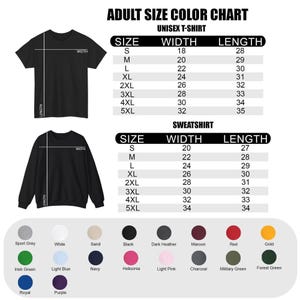 May include: A black t-shirt and sweatshirt with a size chart. The chart lists sizes S to 5XL with width and length measurements in inches. A color palette includes Sport Grey, White, Black, and other colors.