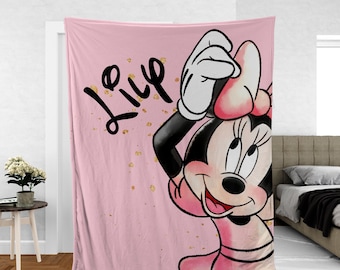Personalized Watercolor Minnie Mouse Blanket, Custom Name Disney Minnie Blanket, Disney Blankets, Minnie Birthday Gifts, Name Blanket