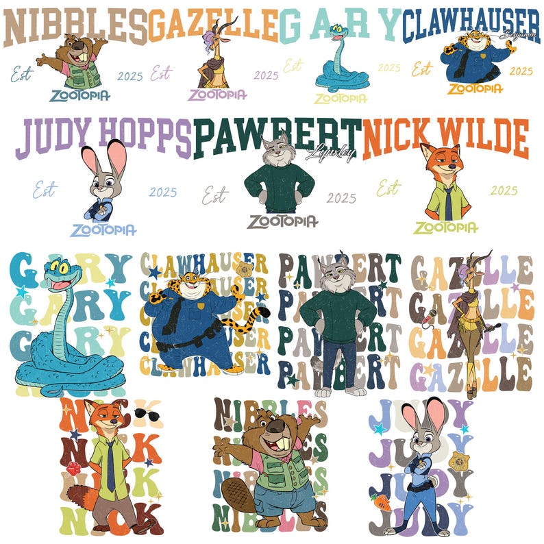 Peut inclure: Une illustration color&eacute;e avec des personnages de Zootopie, dont Judy Hopps, Nick Wilde et Clawhauser. Le design int&egrave;gre les noms des personnages et le texte "Zootopia" dans diff&eacute;rentes polices et couleurs, avec l'ann&eacute;e "2025".