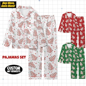 May include: Christmas-themed pajama sets in white, red, and green. The white set features a pattern of Christmas trees, candy canes, and stars. Red and green sets are also available. The text "PAJAMAS SET" and "CUSTOM ANY REQUESTS" are visible.