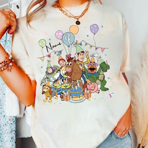 Personalized Name Age Pixar Toy Story Birthday T-Shirt, Custom Buzz Woody Jessie Birthday Present Gift, land Family Trip Tee image 3