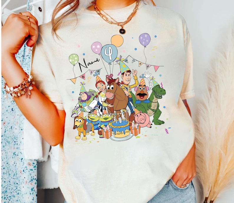 Personalized Name Age Pixar Toy Story Birthday T-Shirt, Custom Buzz Woody Jessie Birthday Present Gift, land Family Trip Tee image 3