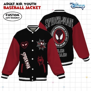 May include: Black baseball jacket with red sleeves featuring Spider-Man graphics. The jacket has a white collar and cuffs, with the text "SPIDER-MAN" and "FRIENDLY NEIGHBORHOOD SPIDER-MAN" on the front and back. The jacket is available in adult, kid, and youth sizes.
