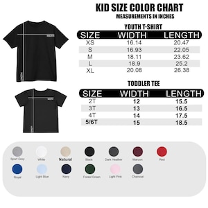 The image is a color chart for a youth t-shirt, providing measurements in inches for different sizes. It includes a youth t-shirt in various colors and a toddler t-shirt. The chart also displays the color options for the t-shirt, including white, natural, black, heather, maroon, red, light blue, navy, forest green, light pink, charcoal, and royal.