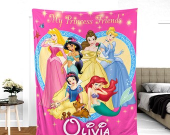Personalized Disney Princess blanket, Watercolor Castle Coquette bows Blanket, Belle Rapunzel Tiana Ariel Elsa blanket, Birthday Girl gift