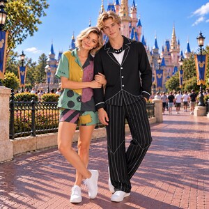 May include: A short-sleeved button-down shirt and shorts set featuring a patchwork pattern of yellow, green, and purple with black stitch details, alongside a black long-sleeved button-down shirt and matching trousers with white pinstripes.