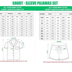 Puede incluir: Tabla de medidas para conjuntos de pijama de manga corta. Las medidas de la parte superior incluyen busto, hombro, manga y largo en pulgadas y cm. Las medidas del pantal&oacute;n corto incluyen cintura, cadera y largo en pulgadas y cm.