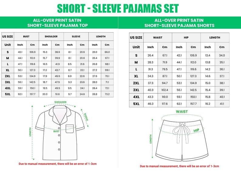 Puede incluir: Tabla de medidas para conjuntos de pijama de manga corta. Las medidas de la parte superior incluyen busto, hombro, manga y largo en pulgadas y cm. Las medidas del pantal&oacute;n corto incluyen cintura, cadera y largo en pulgadas y cm.