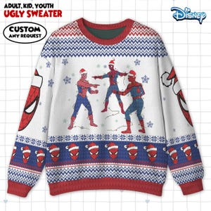 Spider-Man Ugly Sweater, Three Spiderman Meme Santa Christmas Lights Sweater, Superhero Holiday Sweater, Xmas Tree Shirt, Funny Sweater