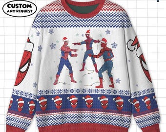 Spider-Man Ugly Sweater, Three Spiderman Meme Santa Christmas Lights Sweater, Superhero Holiday Sweater, Xmas Tree Shirt, Funny Sweater