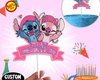 Stitch Cake Topper -  Happy Valentine's Day Cake Topper, Angel Cake Topper, Disney Cake Topper
