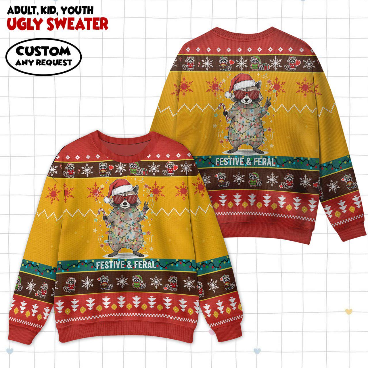 Discover Feral and Festive Ugly Sweater, Raccoon Christmas Sweater, Christmas Raccoon Feral Sweater, Raccoon Feral Sweater