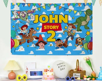 Toile de fond personnalisée anniversaire Toy Story, bannière Toy Story Disney, bannière affiche Toy Story pour garçons fille, nom personnalisé âge Buzz Woody Jessie