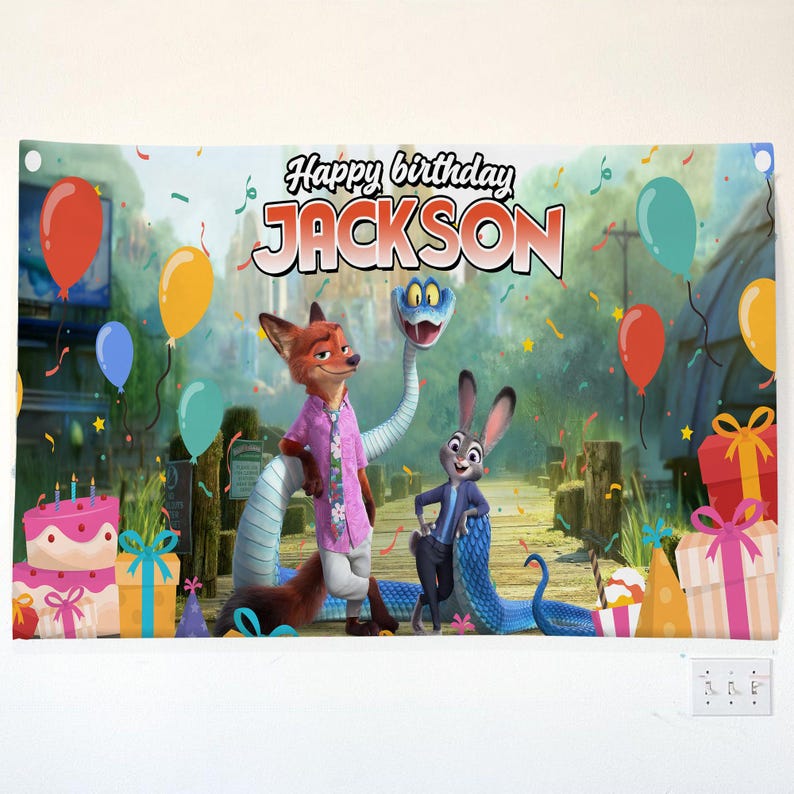 May include: A birthday banner with the text "Happy birthday JACKSON" and cartoon characters, balloons, and presents. The banner has a festive design with a vibrant colour palette, suitable for a birthday celebration.