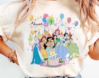 Personalized Name Age   Princess Birthday T-Shirt, Custom Tiana Ariel Elsa Rapunzel Belle Birthday Present Gift,  land Family Trip