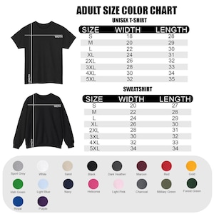 Op de afbeelding: Een volwassen maattabel voor unisex T-shirts en sweatshirts. De tabel toont maat, breedte in inches en lengte in inches voor maten S tot 5XL. Een kleurenpalet onderaan toont verschillende kleuren zoals zwart, rood en groen.