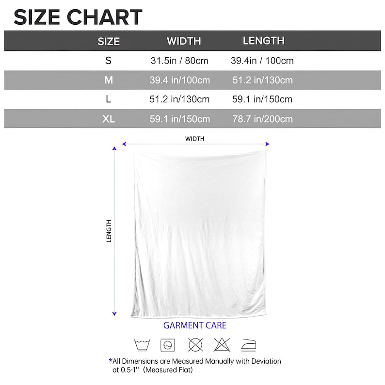 May include: A white blanket with a size chart. The chart shows sizes S, M, L, and XL, with corresponding widths and lengths in inches and centimeters. The blanket's dimensions are measured flat. Garment care symbols are also included.