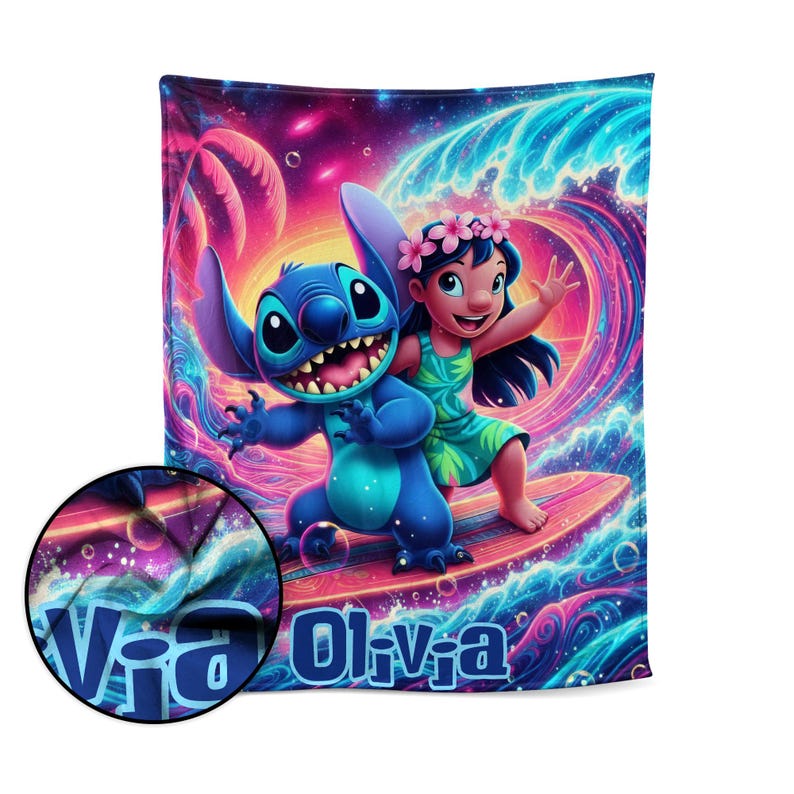 May include: A vibrant blanket featuring a colorful illustration of Stitch and Lilo surfing a wave. The blanket has a detailed design with the name "Olivia" and a close-up of the blanket's texture.
