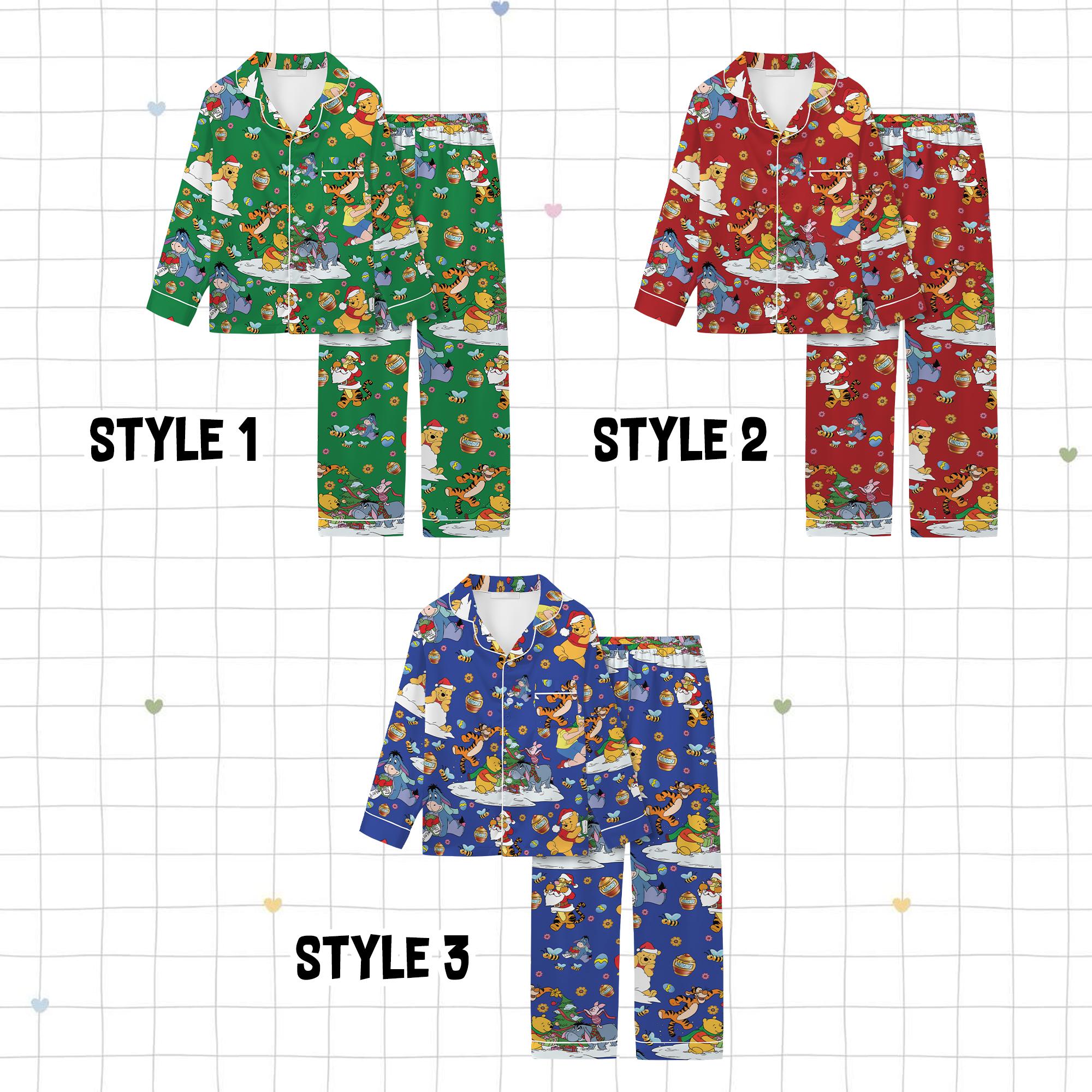 Discover Custom Christmas Winnie the Pooh Tigger Eeyore Piglet Pajama Set, Festive Pooh Forest Cartoon Print Winter Short