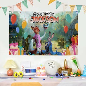 May include: A birthday party scene with a banner that reads "Happy birthday JACKSON" featuring cartoon characters. The scene includes balloons, a cake, gifts, and party decorations. A table is set with a cake, sunglasses, and a balloon that says "Happy Birth Day".