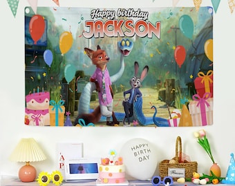 Zootopia Birthday Backdrop, Custom Name Judy Hopps An Nick Wilde Banner, Zootopia Banner Gift for Birthday Boy Girl