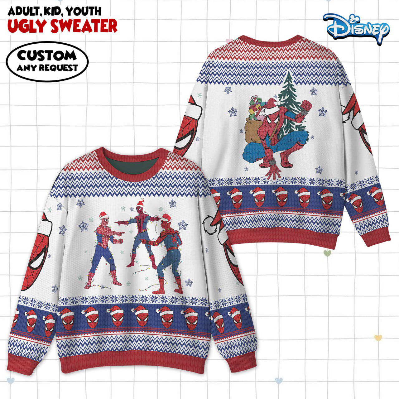 Discover Spider-Man Ugly Sweater, Three Spiderman Meme Santa Christmas Lights Sweater, Superhero Holiday Sweater, Xmas Tree Shirt, Funny Sweater