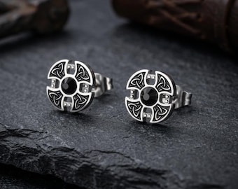 Celtic Trinity Knot Stud Earrings, 9mm Stainless Steel, Black Stone, Viking Goth Pagan Unisex