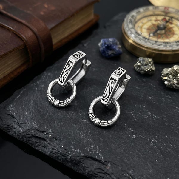 Men's Stainless Steel Viking Hexagon Dangle Earrings, Celtic Tribal Huggie Jewelry