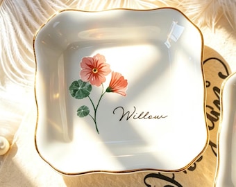 Personalized Birth Flower Ring Dish, Custom Name Jewelry Tray, Bridesmaid Gifts, Watercolor Flower for Friend Sister, Birthday Gift for Her