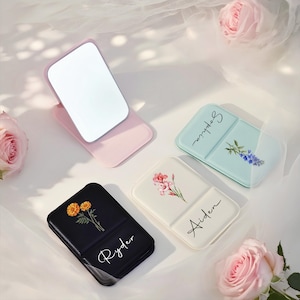 Personalized Travel Makeup Mirror, Birth Flower Design with Name, Bridal Party Gift, Bridesmaid Proposal Gift, Birthday Gifts, Small Mirror