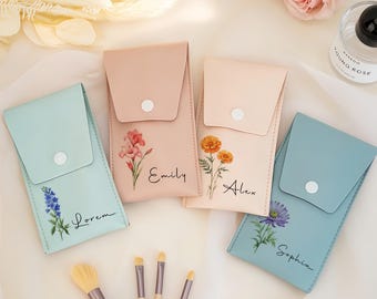 Personalized Makeup Brush Bag, Custom Birth Flowers Makeup Brush Kit, Bridesmaid Bachelorette Party Gift, Wedding Gift for Her