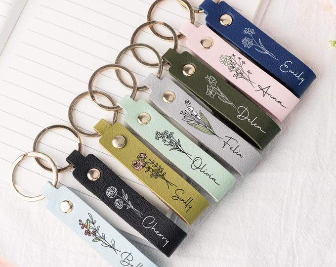 Custom Leather Keychain Birth Flower, Personalized Name Keyring for Her, Bridesmaid Gift, Birthday Gift for Best Friends Back to School